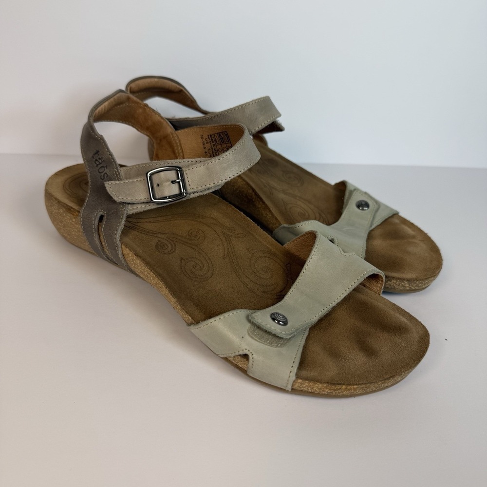 Taos Sandals Sadie Women 10-10.5 Gray Leather Slingback Open Toe Cork Wedge Boho